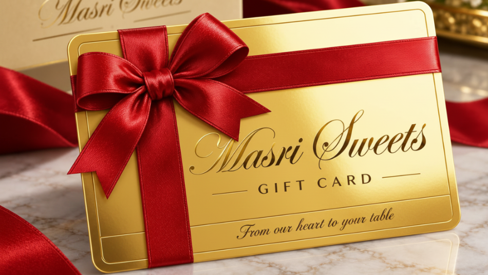A gold Masri Sweets gift card tied with a large red satin bow, shown on a marble surface with red ribbon and a matching gift box in the background.